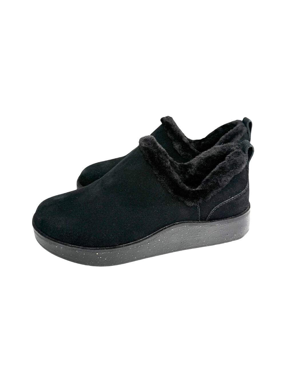 ABEO Pioneer Bootie Black Leather Suede Women 8.5 Faux Fur Lined Comfort Slip On